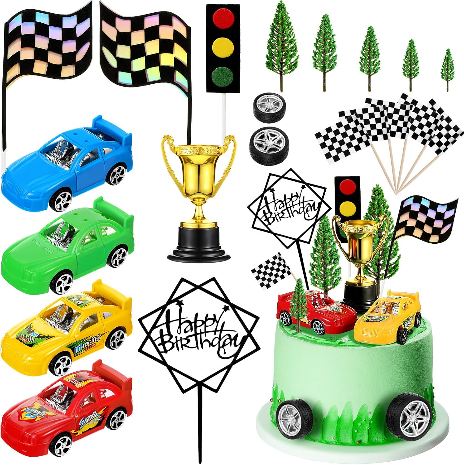 Yulejo 38 Pcs Racing Car Cake Decoration with Race Car Cake Topper Wheel Checkered Racing Flag Cupcake Topper Black Birthday Cake Topper Race Birthday Party Supplies Themed Party Favor for Kid