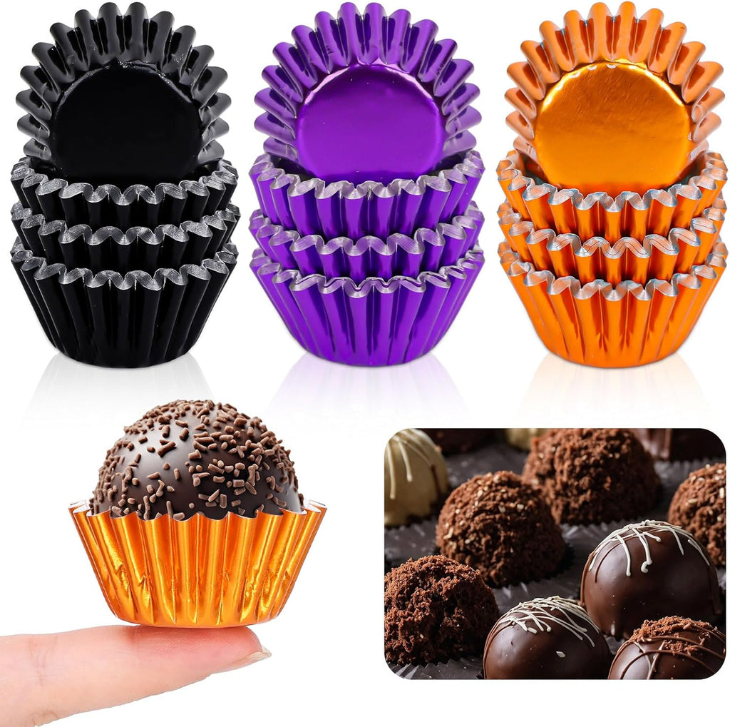 Whaline 300Pcs Halloween Mini Foil Cupcake Liners Black Purple Orange Mini Cake Paper Cup Foil Metallic Cupcake Wrappers Muffin Liners for Halloween Party Supplies Table Decor