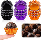 Whaline 300Pcs Halloween Mini Foil Cupcake Liners Black Purple Orange Mini Cake Paper Cup Foil Metallic Cupcake Wrappers Muffin Liners for Halloween Party Supplies Table Decor