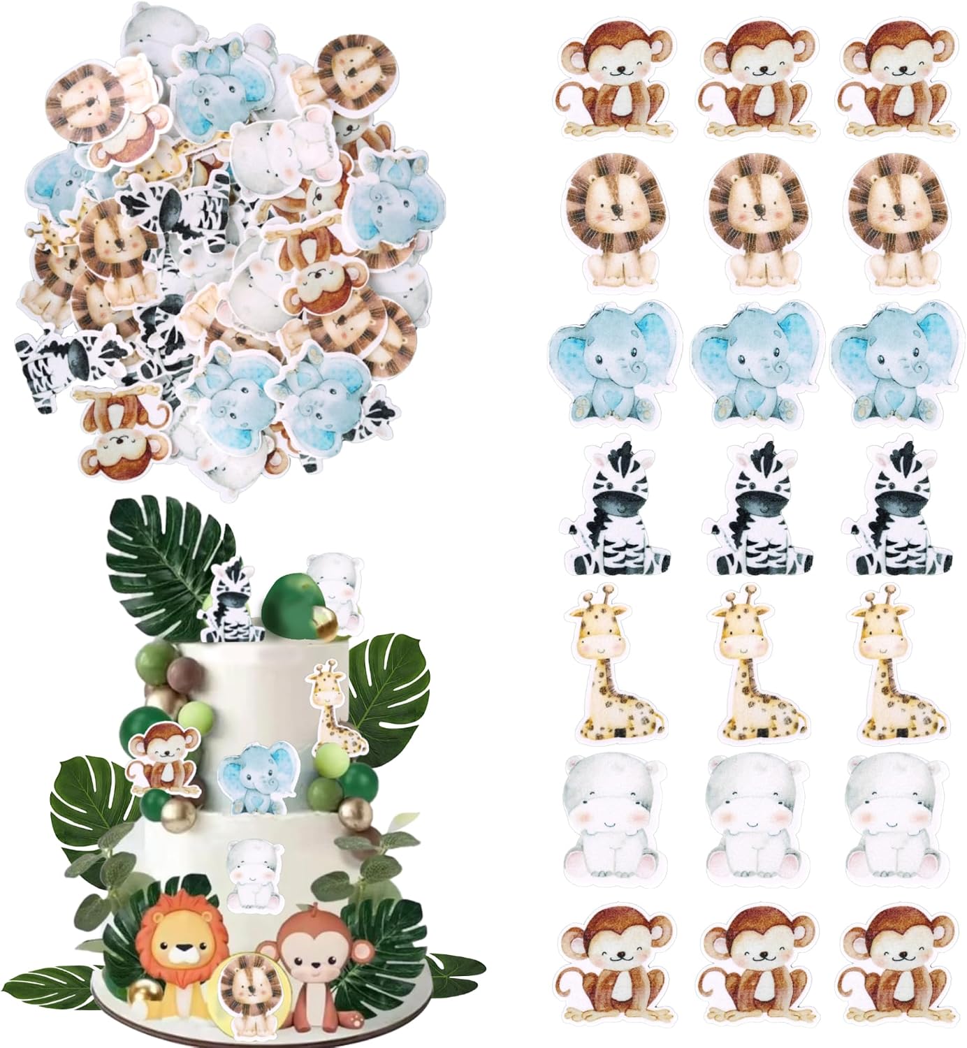 60 PCS Edible Jungle Animals Cupcake Toppers Lion Monkey Zebra Hippo Giraffe Elephant Forest Theme Cupcake Picks for Safari Animals Theme Baby Shower Kids Birthday Party Cake Decorations Supplies