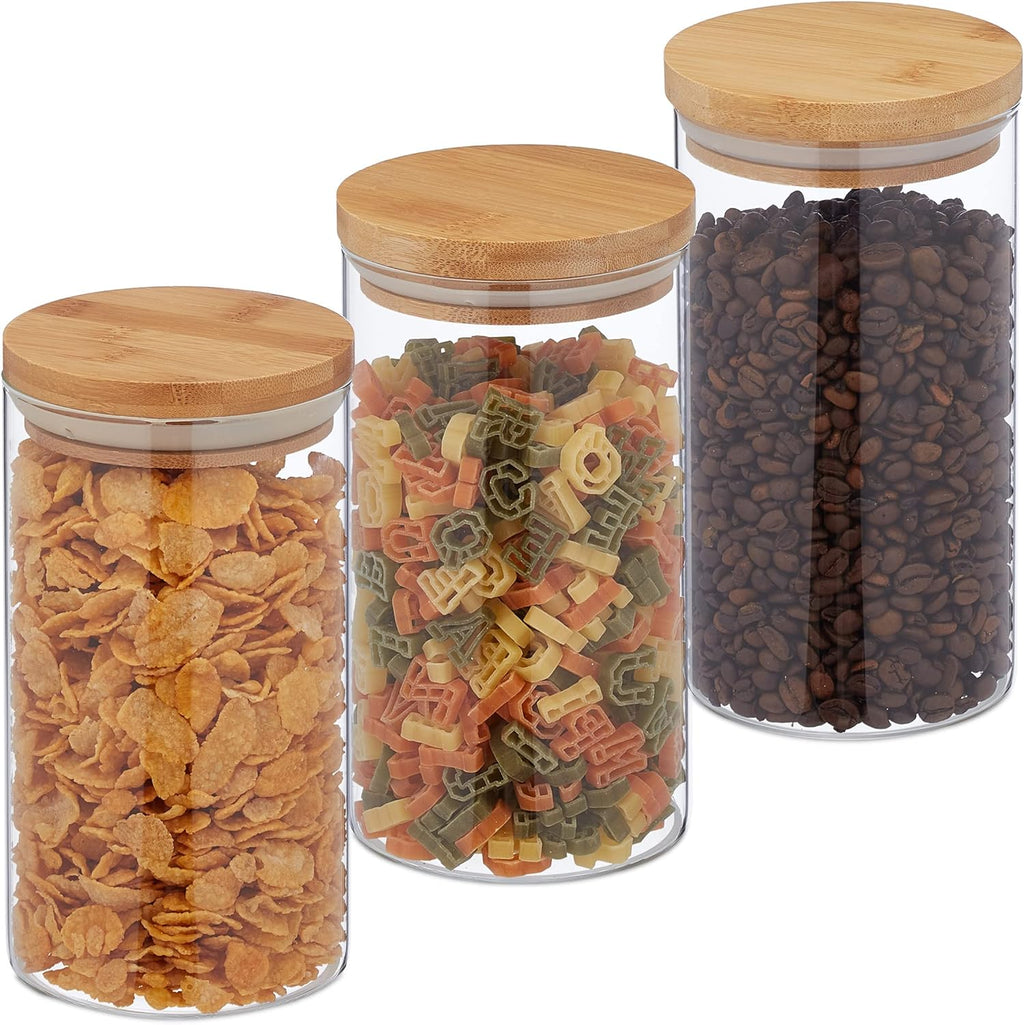 Relaxdays Jars in Set of Three, Bamboo Airtight Lids, 1000ml Each, Dry Food Storage, Glass, Transparent/Brown, Set of 3