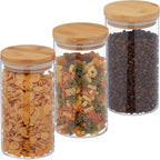 Relaxdays Jars in Set of Three, Bamboo Airtight Lids, 1000ml Each, Dry Food Storage, Glass, Transparent/Brown, Set of 3