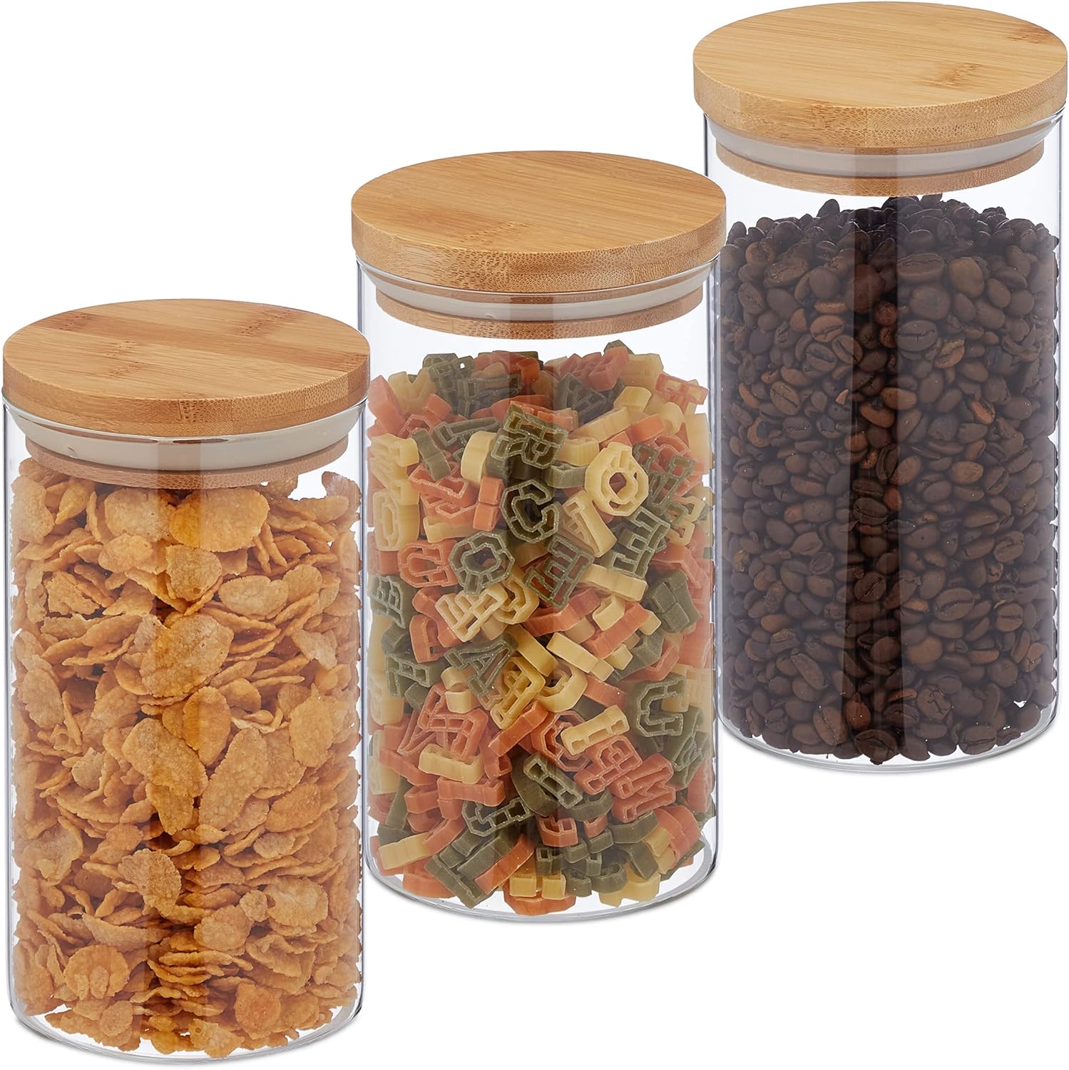 Relaxdays Jars in Set of Three, Bamboo Airtight Lids, 1000ml Each, Dry Food Storage, Glass, Transparent/Brown, Set of 3