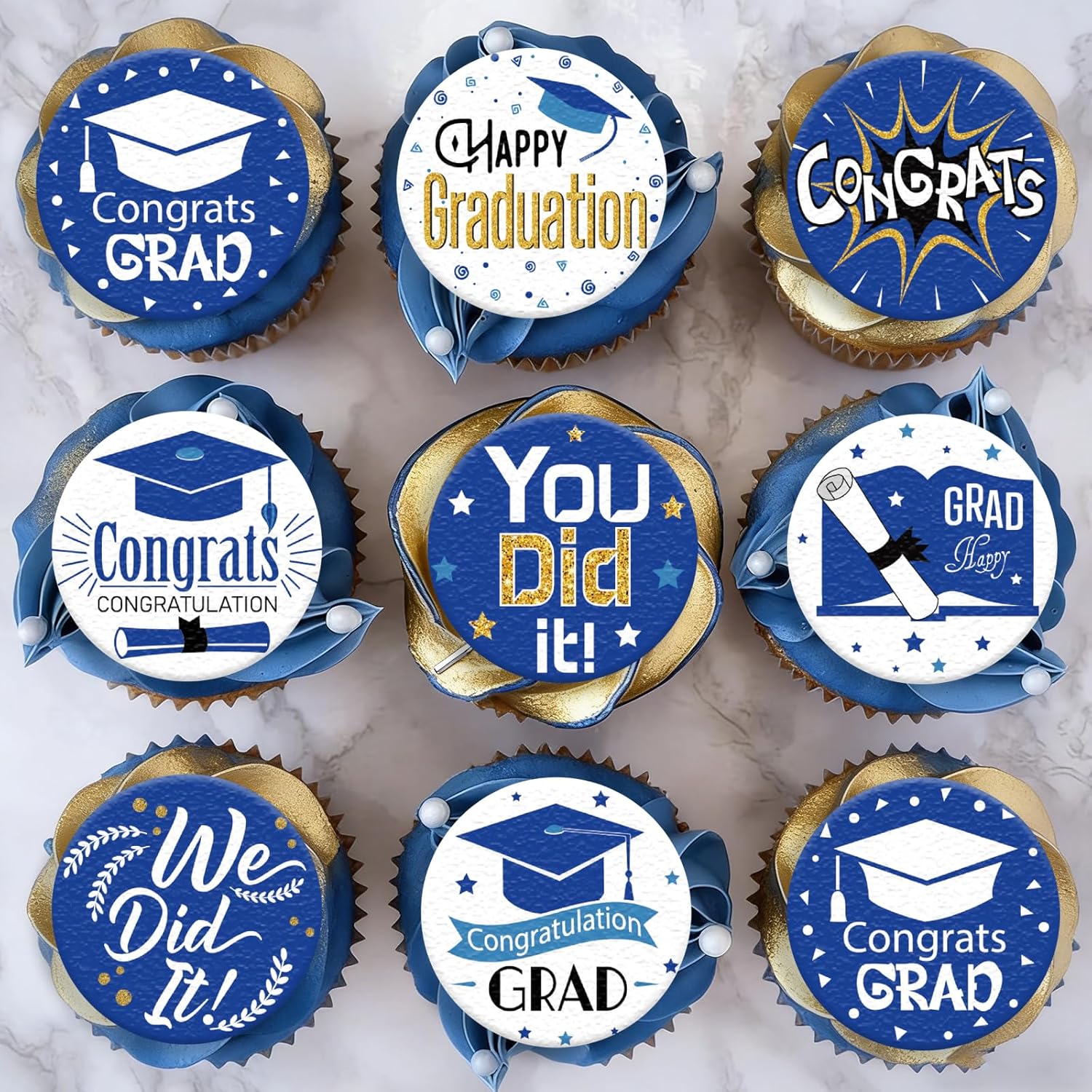36PCS Edible Graduation Cap Cupcake Toppers Wafer Paper Grad Cap Diploma Cake Decorations Edible Grad Cap Cupcake Picks for 2026 Grad Theme Party Cake Decor Supplies (Blue)