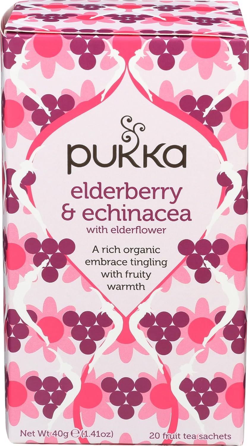 Pukka Elderberry & Echinacea Organic Herbal Tea, Perfect for Wellness Support, Caffeine Free, 20 Total Tea Bags