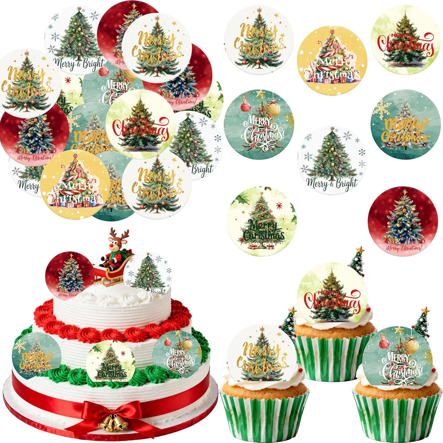 36PCS Edible Christmas Tree Cupcake Toppers Wafer Paper Merry Christmas Tree Cupcake Picks for Christmas Theme New Year Party Baby Shower Birthday Supplies