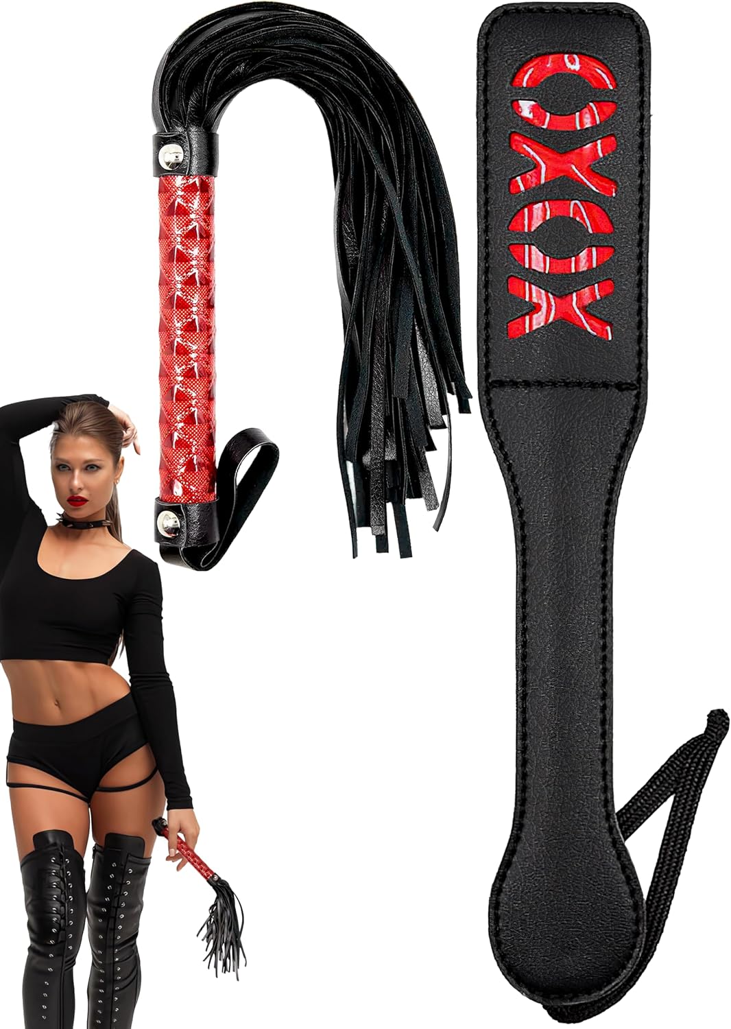 Black Flogger Whip 18" Adult Spanking Paddle 12" - BDSM Sex Set - Flogger Spanking Sex Soft - Sex Paddles for Spanking - Adult BDSM Flogger Paddle Set