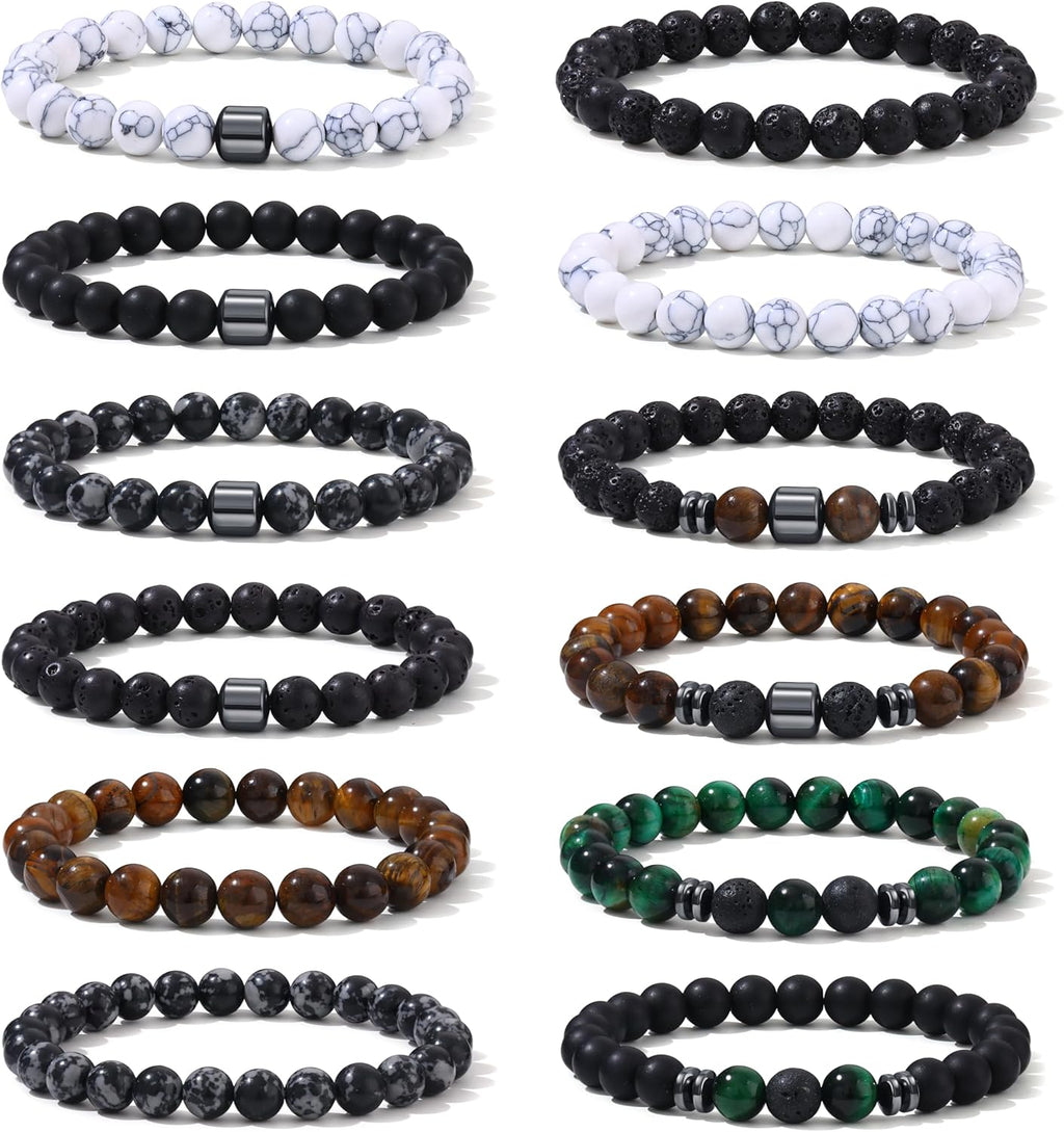 SAMOCO 12Pcs Tiger Eye Bracelets For Men Natural Stone 8mm Beads Bracelets Set Stretch Adjustable Lava Rock Black Crystal Beaded Bracelet for Men Women Gifts