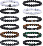 SAMOCO 12Pcs Tiger Eye Bracelets For Men Natural Stone 8mm Beads Bracelets Set Stretch Adjustable Lava Rock Black Crystal Beaded Bracelet for Men Women Gifts