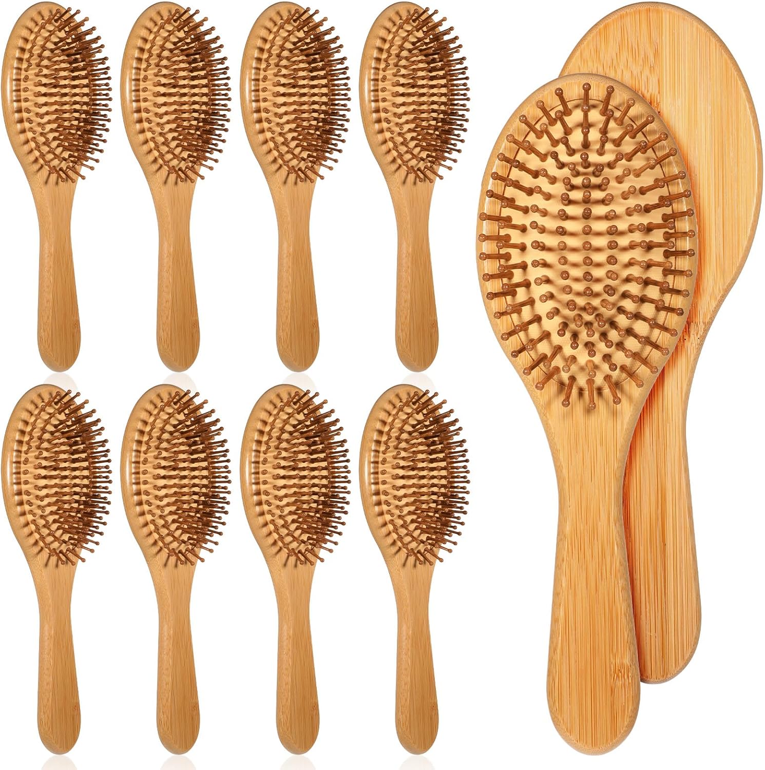 10 Pack Bamboo Hair Brushes, Anti-Static Round Wooden Paddle Brush with Ergonomic Handle and Bamboo Bristles for Scalp Massage & Detangling DIY Engraving Gifts