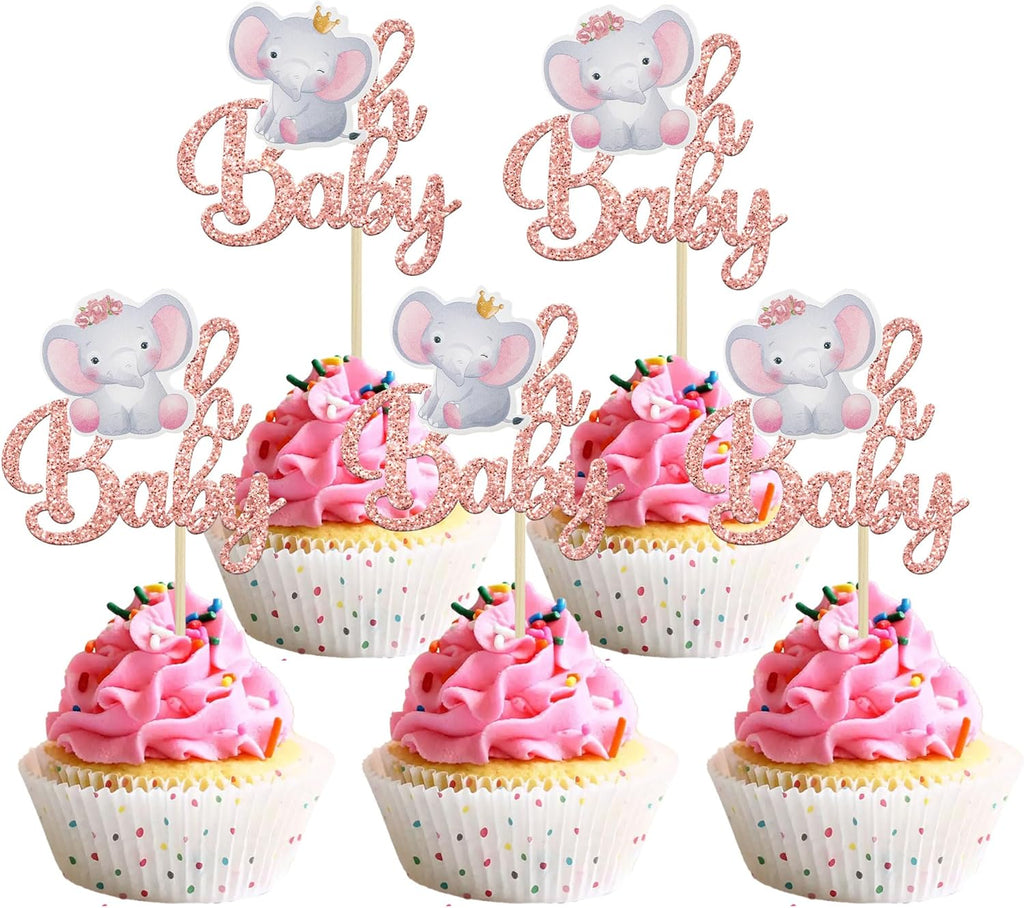 Gyufise 24Pcs Pink Elephant Oh Baby Cupcake Toppers Rose Gold Glitter It's a Girl Baby Shower Cupcake Picks for Elephant Theme Gender Reveal Baby Shower Kids Girls Birthday Party Cake Decorations