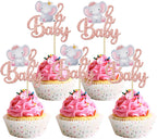 Gyufise 24Pcs Pink Elephant Oh Baby Cupcake Toppers Rose Gold Glitter It's a Girl Baby Shower Cupcake Picks for Elephant Theme Gender Reveal Baby Shower Kids Girls Birthday Party Cake Decorations