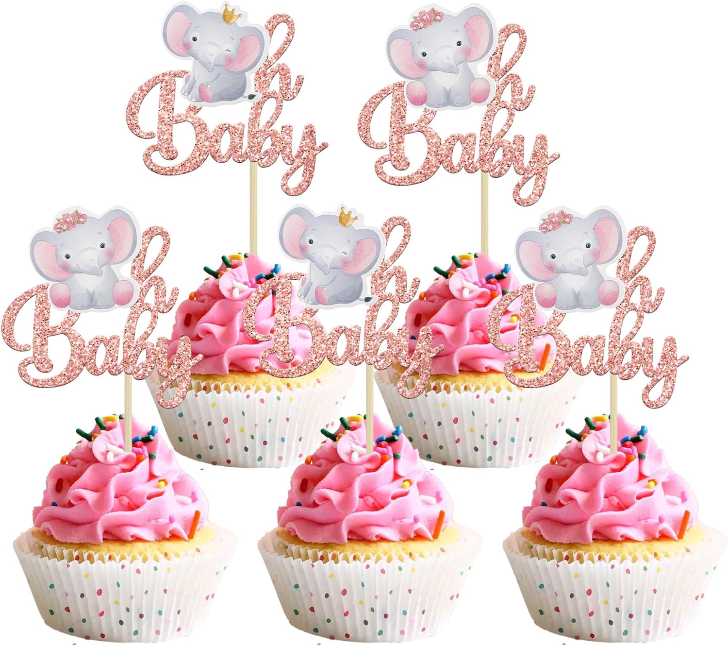 Gyufise 24Pcs Pink Elephant Oh Baby Cupcake Toppers Rose Gold Glitter It's a Girl Baby Shower Cupcake Picks for Elephant Theme Gender Reveal Baby Shower Kids Girls Birthday Party Cake Decorations