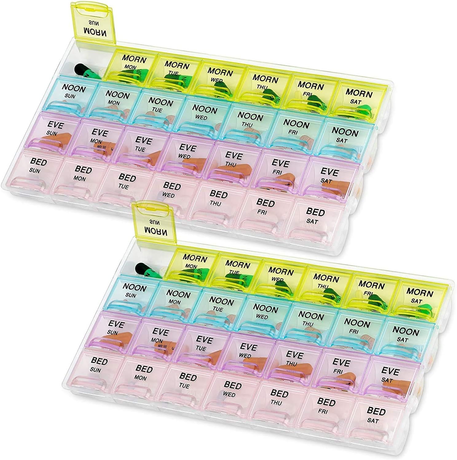 MEDca Pill Organizers - (2 Pack) Large Pill Organizer with Weekly and Daily 4-Times-A-Day Compartments for Morning, Noon, Evening, Night - BPA-Free, Portable and Travel Friendly Pill Boxes Case