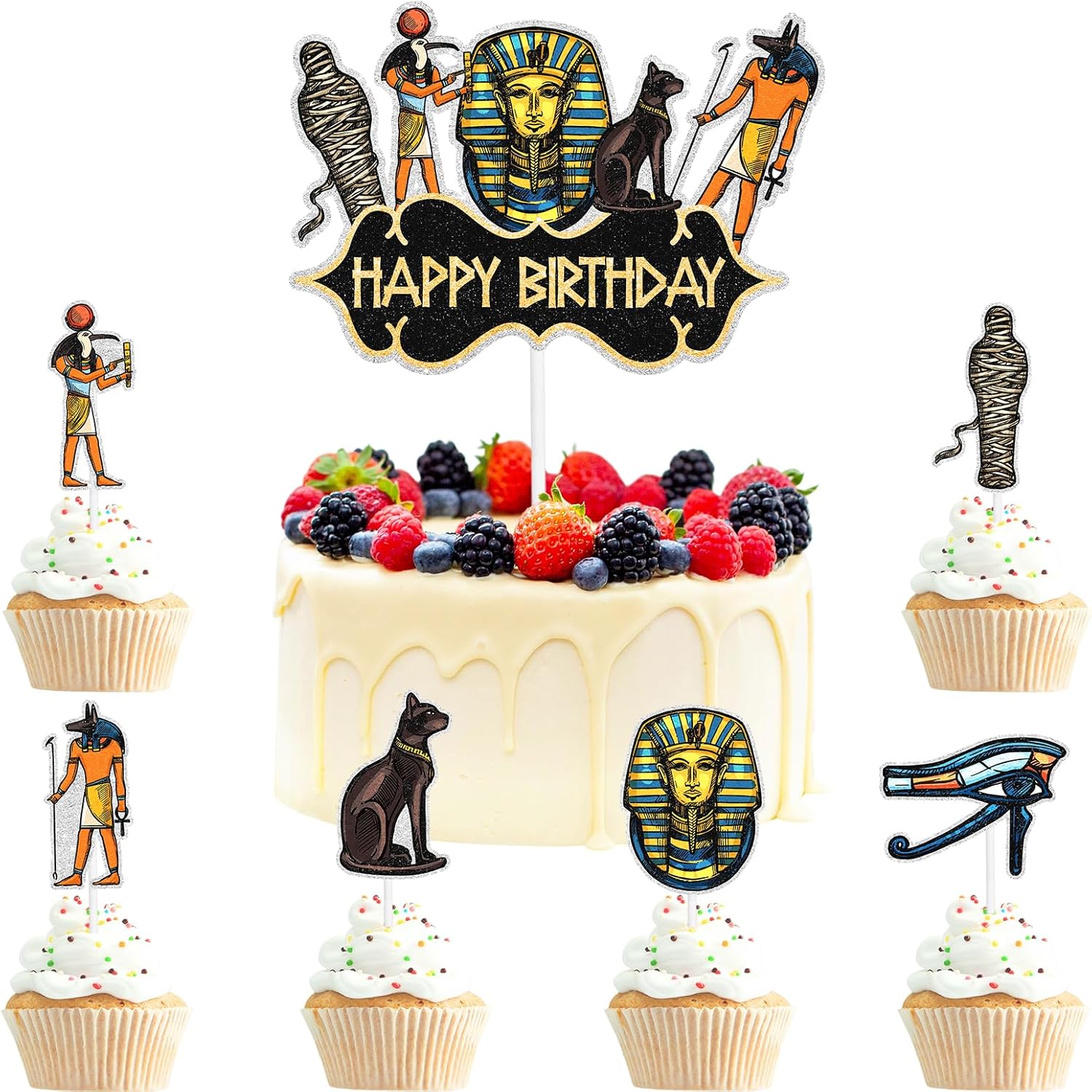 Egypt Cake Toppers Set of 7 Pharaoh, Mummy Themed Happy Birthday Decoration, Perfect Egyptian Theme Party for Kids, Birthday Party and Baby Shower Decoration Supplies for Boys and Girls. LIANGSS