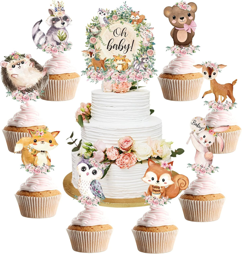 49 Pcs Woodland Cupcake Topper Neutral Forest Animal Cupcake Toppers for Woodland Baby Shower Decorations Floral Leaf Boho Birthday Party Supplies Gender Reveal Favors Decor(Flower Style)