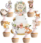 49 Pcs Woodland Cupcake Topper Neutral Forest Animal Cupcake Toppers for Woodland Baby Shower Decorations Floral Leaf Boho Birthday Party Supplies Gender Reveal Favors Decor(Flower Style)