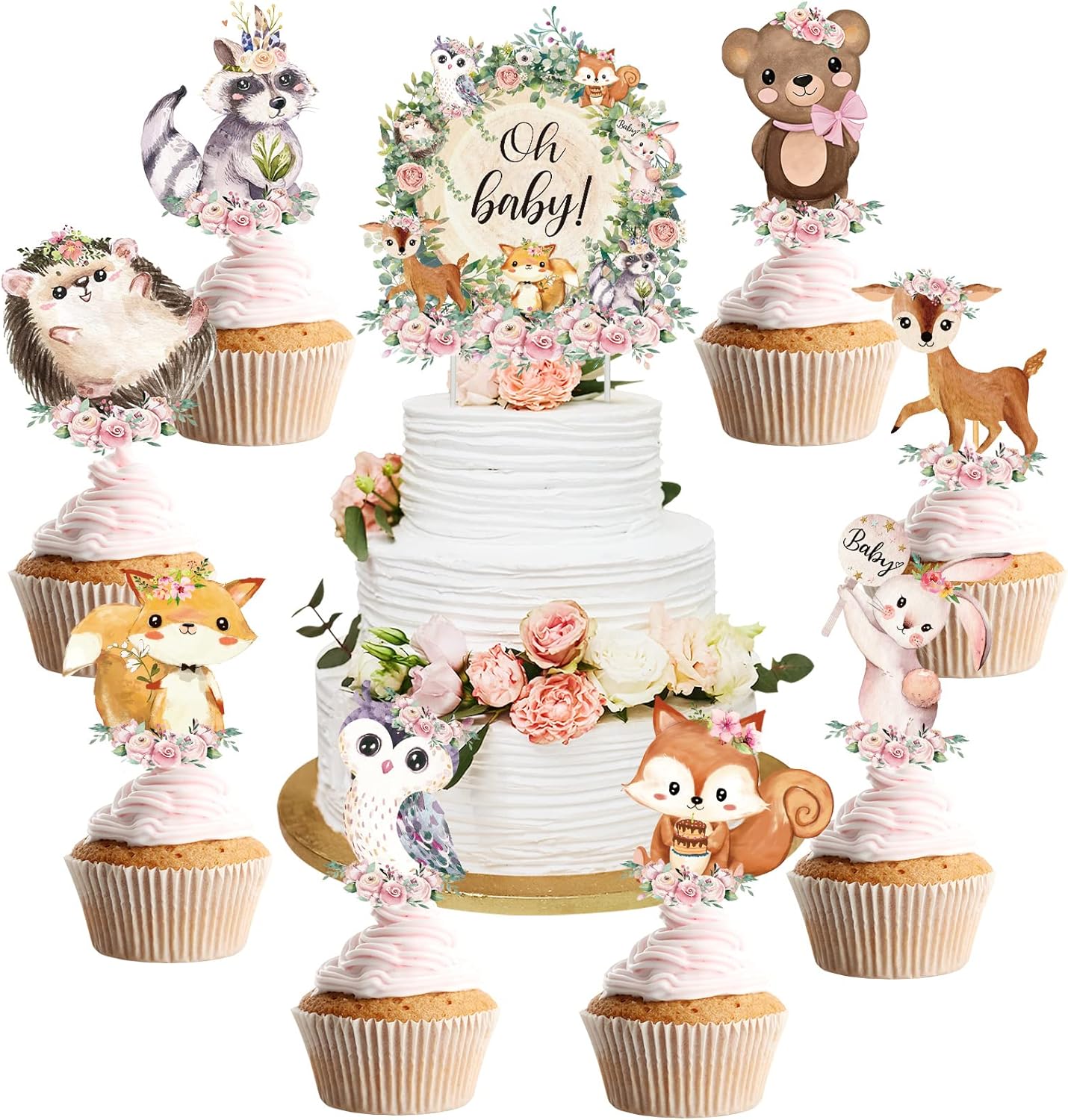49 Pcs Woodland Cupcake Topper Neutral Forest Animal Cupcake Toppers for Woodland Baby Shower Decorations Floral Leaf Boho Birthday Party Supplies Gender Reveal Favors Decor(Flower Style)