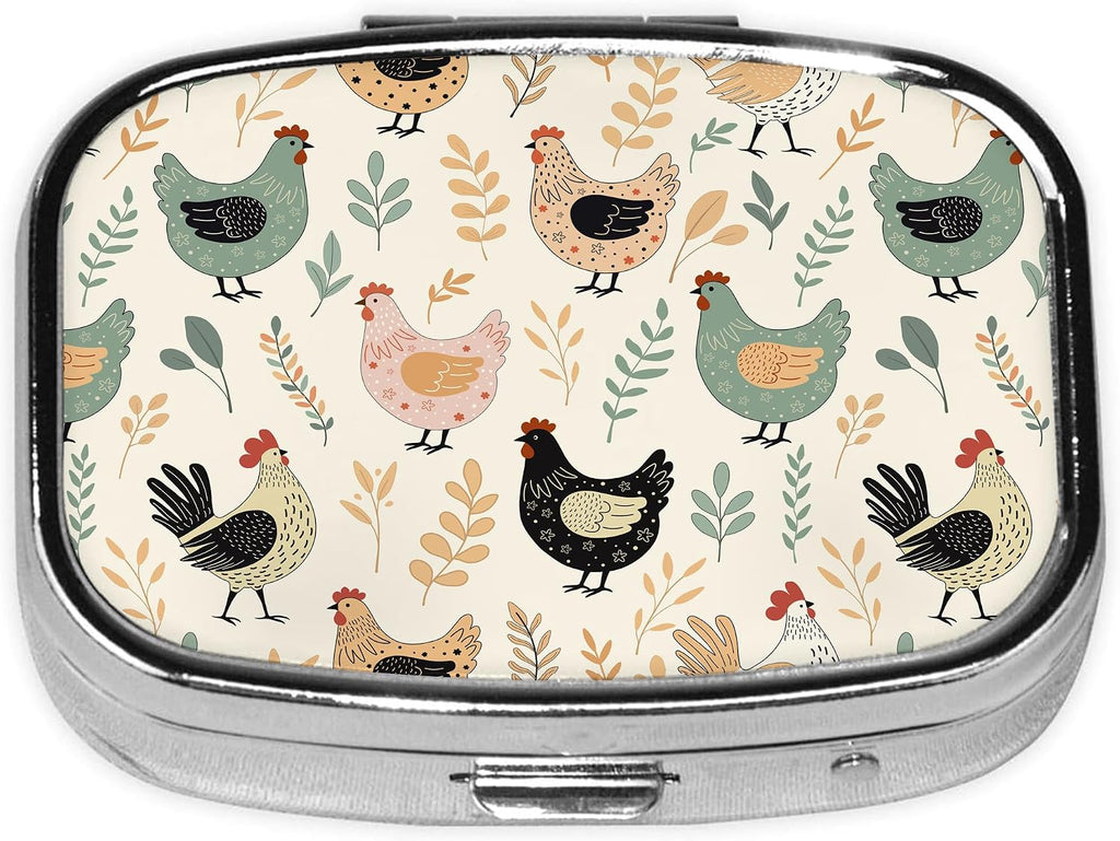 Pill Box-2 Compartment Small Pill Case Square Organizer Case with Mirror Portable Metal Medicine Box Travel Container for Pocket & Purse Women Men（Rustic Chicken）
