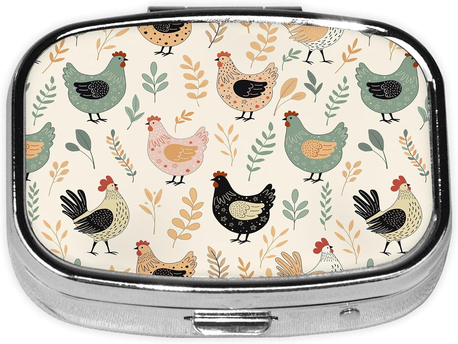 Pill Box-2 Compartment Small Pill Case Square Organizer Case with Mirror Portable Metal Medicine Box Travel Container for Pocket & Purse Women Men（Rustic Chicken）