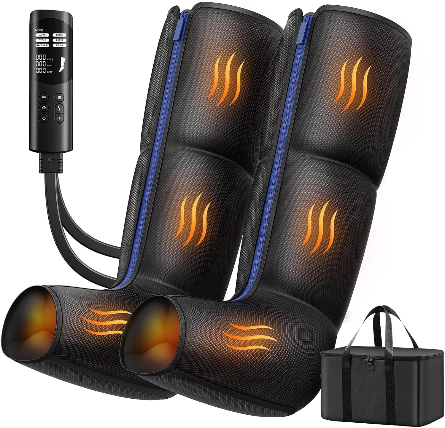 Leg Massager with Heat, Foot and Calf Air Compression Massager with 6 Modes & 9 Intensities, 3-Level Heating, LED Display, Timer, Zipper Design, Home Relaxation for Tired Feet & Calves,Black