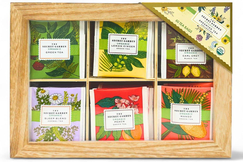 Premium Organic Wooden Tea Sampler Gift Box With 6 Flavors Made With Real Ingredients, Non-GMO and Dye Free, Includes Green Tea, Peach, Mango, Earl Grey, Sleep Blend, Lemon Ginger (60 Bags)
