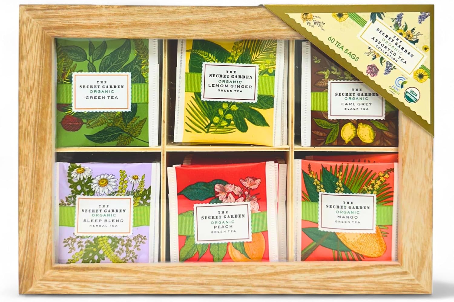 Premium Organic Wooden Tea Sampler Gift Box With 6 Flavors Made With Real Ingredients, Non-GMO and Dye Free, Includes Green Tea, Peach, Mango, Earl Grey, Sleep Blend, Lemon Ginger (60 Bags)