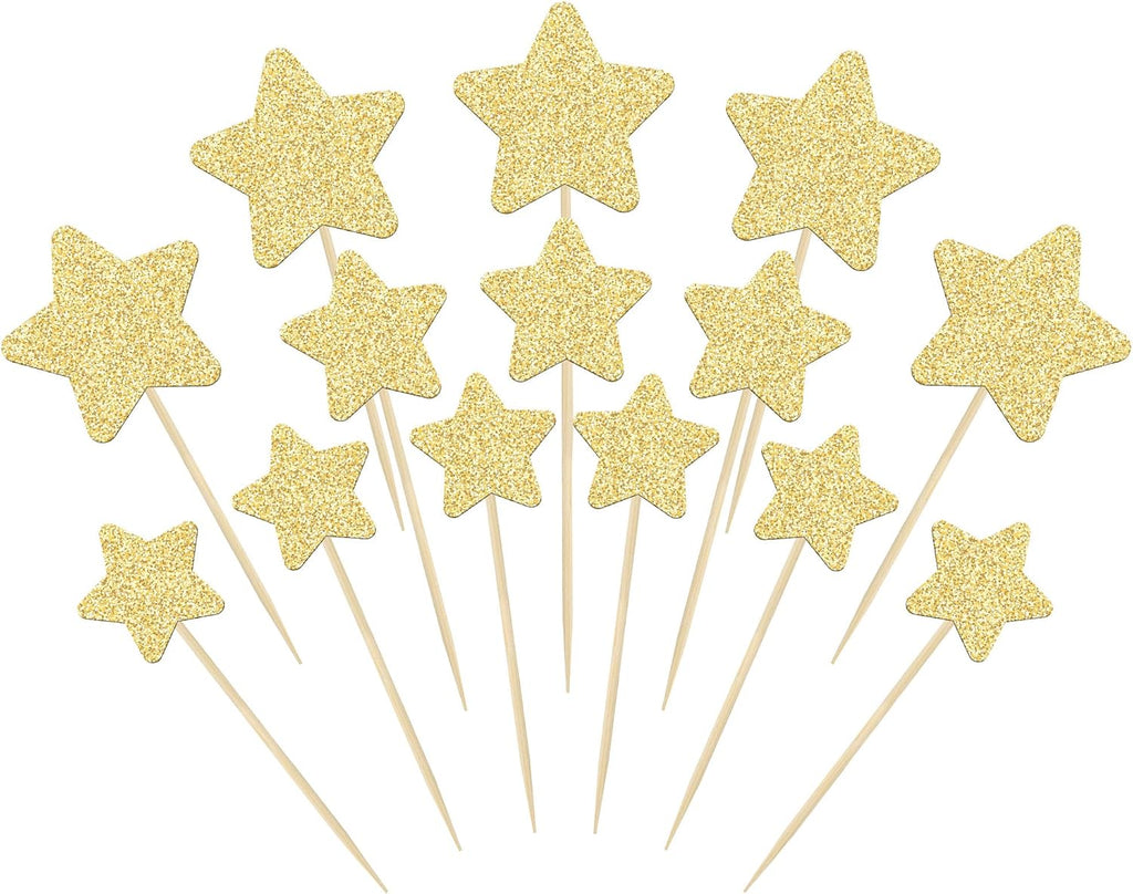Gyufise 42Pcs Star Cupcake Toppers Gold Glitter Assembled Twinkle Star Cupcake Picks Wedding Engagement Bridal Shower Birthday Party Cake Decorations Supplies Mixed Size