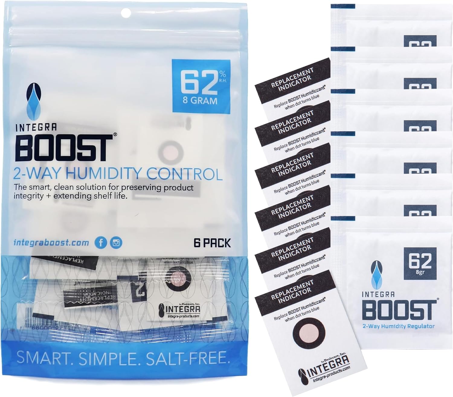 Integra Boost 62% RH Level - 8 Gram Size - Two-Way Humidity Control Pack - Includes Replacement Indicator Cards - Food Storage & Herbs Moisture Balancer for Up to 1oz (Pack of 6)