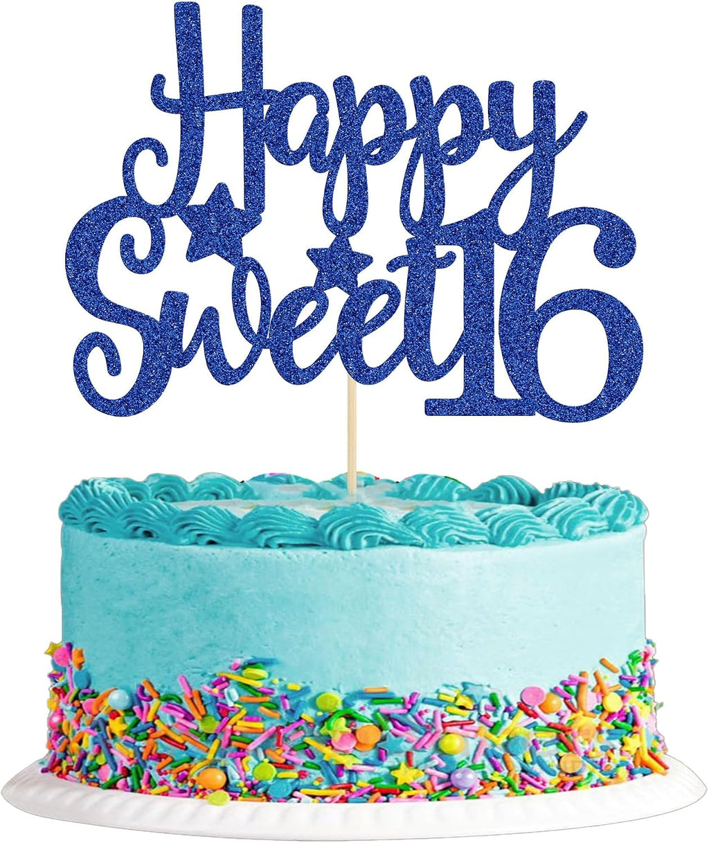 Gyufise 1Pc Happy Sweet 16 Cake Topper Blue Glitter Sweet 16 Birthday Cake Decoration Happy 16th Birthday Decorations for Girls Boys Party Supplies