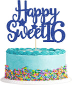 Gyufise 1Pc Happy Sweet 16 Cake Topper Blue Glitter Sweet 16 Birthday Cake Decoration Happy 16th Birthday Decorations for Girls Boys Party Supplies
