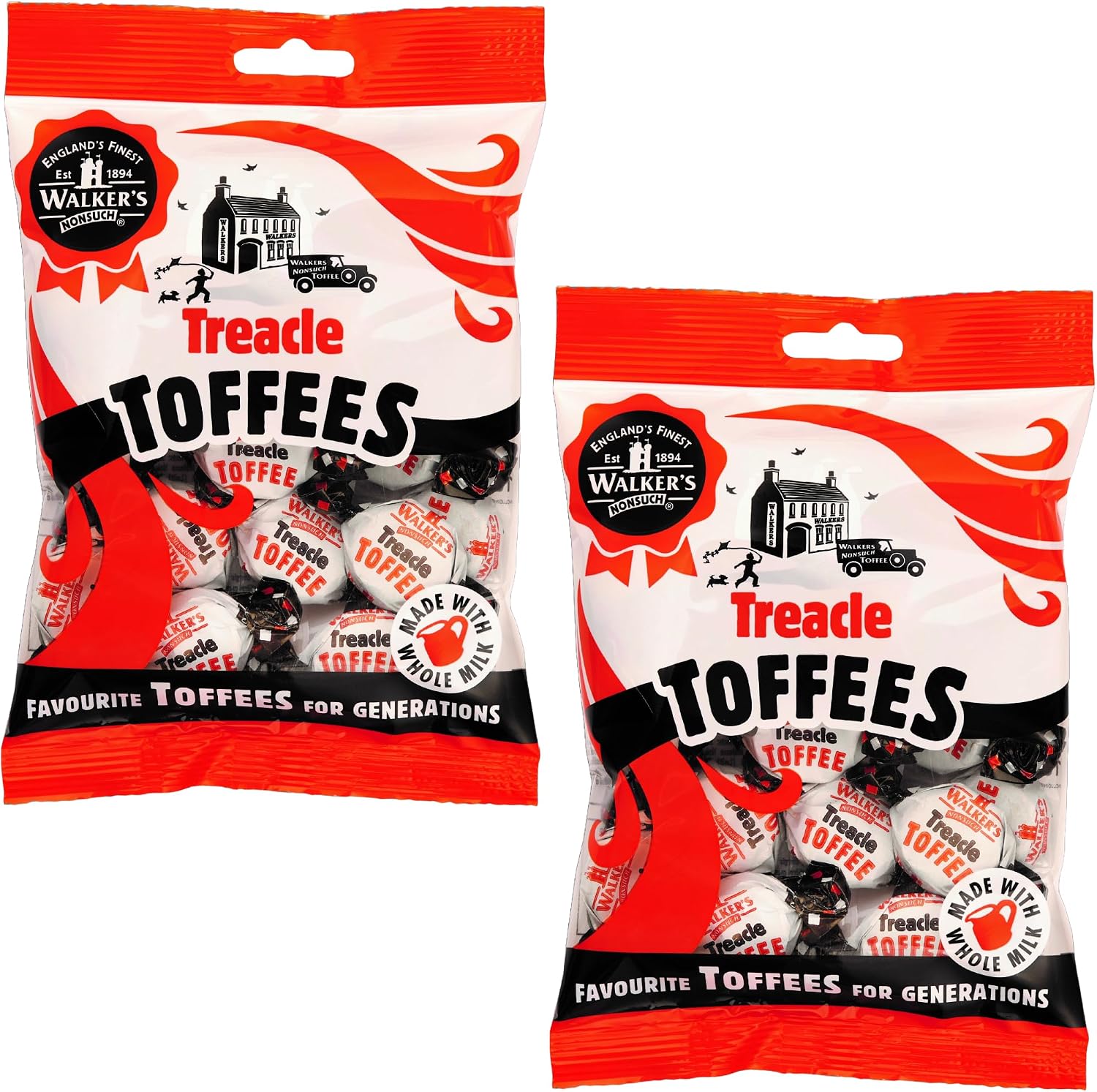 Walkers Nonsuch Treacle Toffees Bag 5.29 oz (Pack of 2) - Chewy Black Treacle English Toffee Candy, Traditional English Sweets, Gluten Free British Butter Candy, Imported from UK