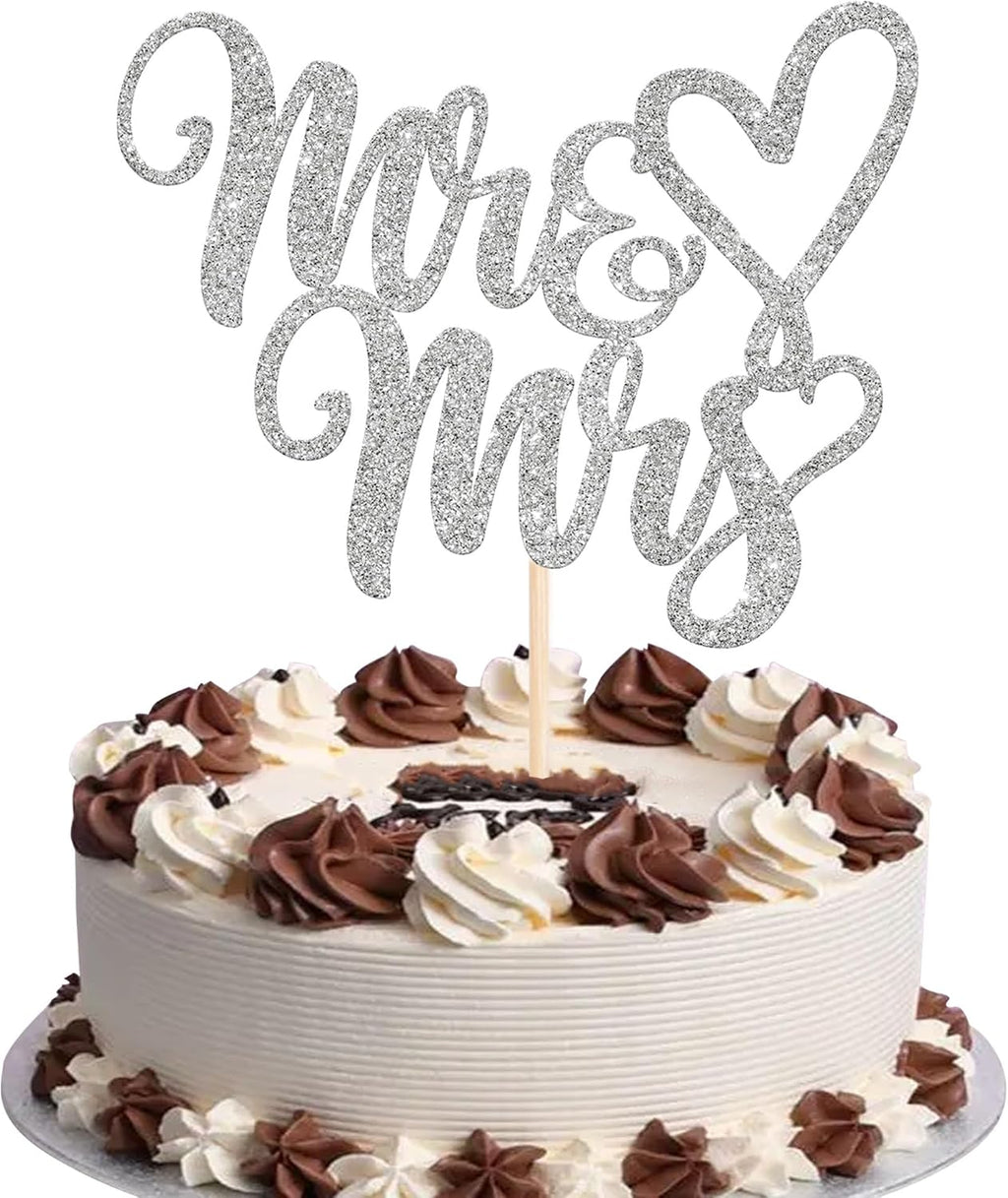 1 Pack Mr & Mrs Cake Topper Glitter Wedding Engagement Cake Pick Love Heart Cake Decoration for Bridal Shower Engagement Wedding Party Cupcake Decoration Supplies Silver