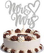 1 Pack Mr & Mrs Cake Topper Glitter Wedding Engagement Cake Pick Love Heart Cake Decoration for Bridal Shower Engagement Wedding Party Cupcake Decoration Supplies Silver