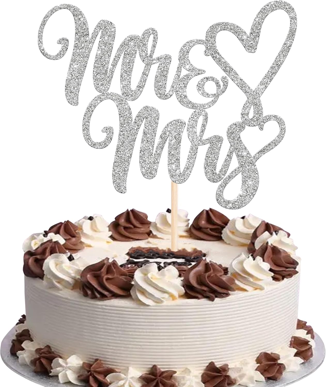 1 Pack Mr & Mrs Cake Topper Glitter Wedding Engagement Cake Pick Love Heart Cake Decoration for Bridal Shower Engagement Wedding Party Cupcake Decoration Supplies Silver