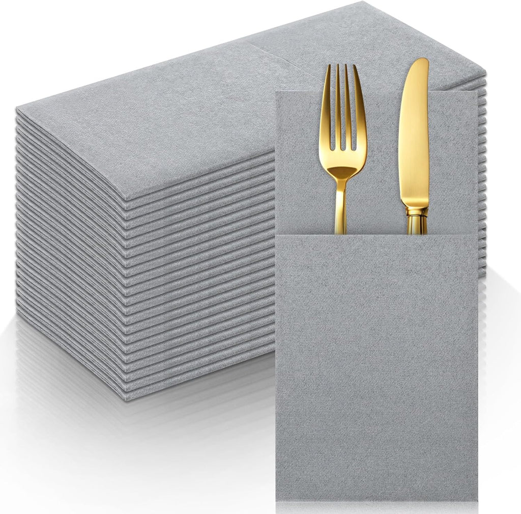 50 Pack Gray Linen Feel Napkins with Pocket, 2 Ply Gray Wedding Napkins, Decorative Dinner Napkin Paper, Prefolded Paper Disposable Airlaid Guest Hand Towel for Silverware Wedding Party Christmas