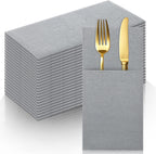 50 Pack Gray Linen Feel Napkins with Pocket, 2 Ply Gray Wedding Napkins, Decorative Dinner Napkin Paper, Prefolded Paper Disposable Airlaid Guest Hand Towel for Silverware Wedding Party Christmas