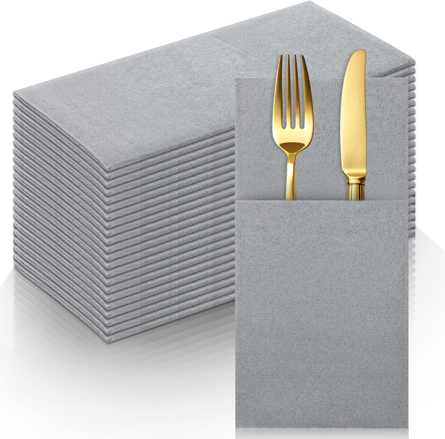 50 Pack Gray Linen Feel Napkins with Pocket, 2 Ply Gray Wedding Napkins, Decorative Dinner Napkin Paper, Prefolded Paper Disposable Airlaid Guest Hand Towel for Silverware Wedding Party Christmas