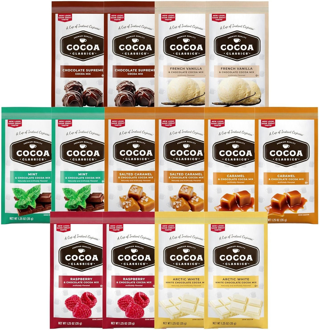 Hot Cocoa Mix Gift Set – 14 Count, 7 Flavors | Cozy Hot Chocolate Sampler Box for Students, Coworkers, Teens, Family & Friends