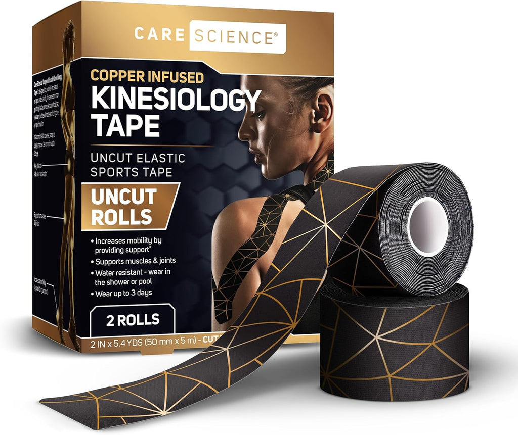Care Science Waterproof Kinesiology Tape, Uncut 2 Rolls Copper Infused | Water Resistant Strips, Elastic Athletic Tape for Sports & Weightlifting, Muscle Strain Relief & Joint Support