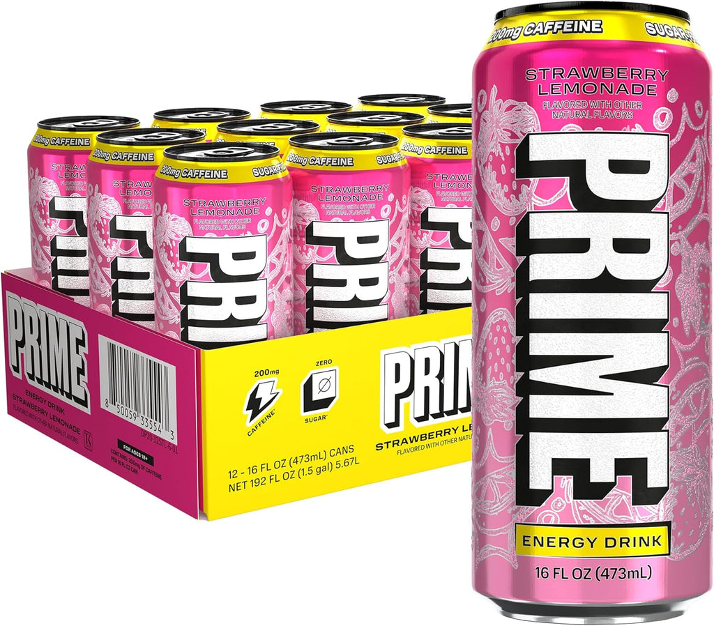 PRIME Energy STRAWBERRY LEMONADE, Sugar Free Energy Drink, 200mg Caffeine and 355mg of Electrolytes for Hydration, Low Calorie, Vegan, Gluten Free,16 Fluid Ounce, 12 Pack