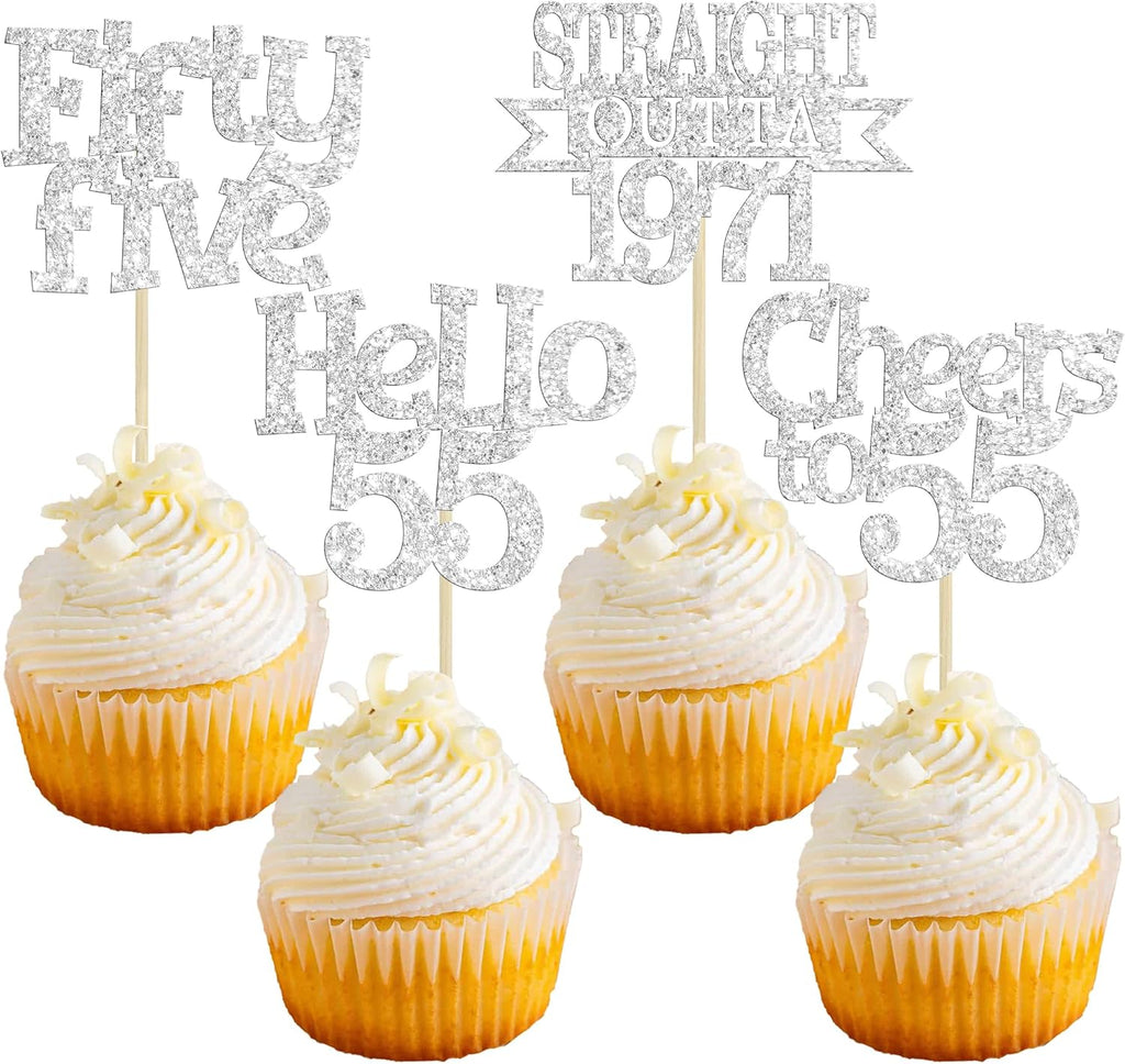 Ephlyn 24Pcs 55th Birthday Cupcake Toppers Glitter Straight Outta 1971 Cupcake Picks Hello 55 Cheers to 55 Years Cake Decorations for 55th Birthday Anniversary Party Decorations Supplies Silver