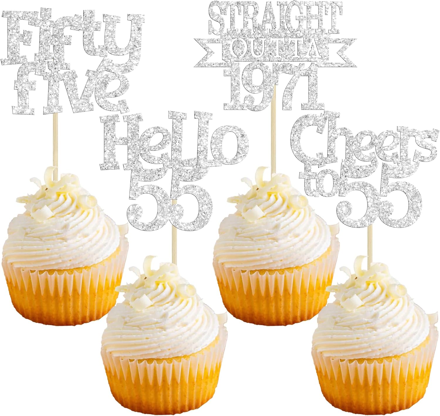 Ephlyn 24Pcs 55th Birthday Cupcake Toppers Glitter Straight Outta 1971 Cupcake Picks Hello 55 Cheers to 55 Years Cake Decorations for 55th Birthday Anniversary Party Decorations Supplies Silver