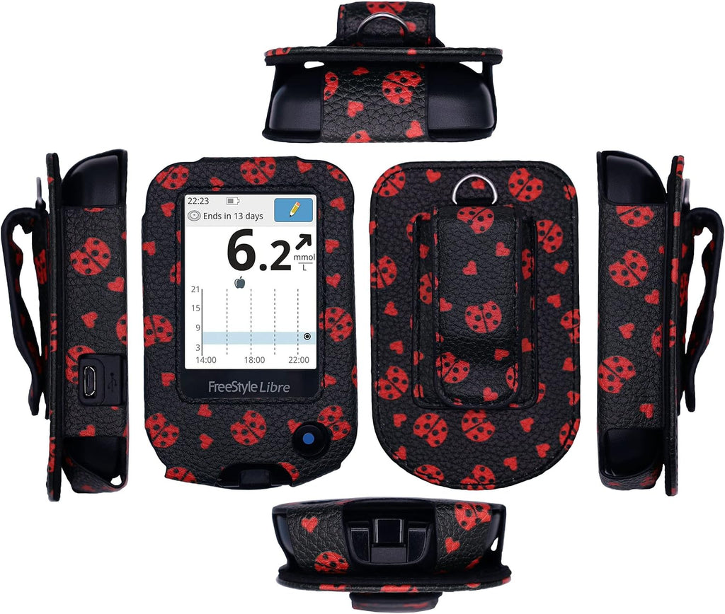 Premium Fitted Leather Case with Screen Protector, Belt Clip, Carabiner (Including a Neck Lanyard) for Freestyle Libre 2/14 Day (Black/Lady Bug)