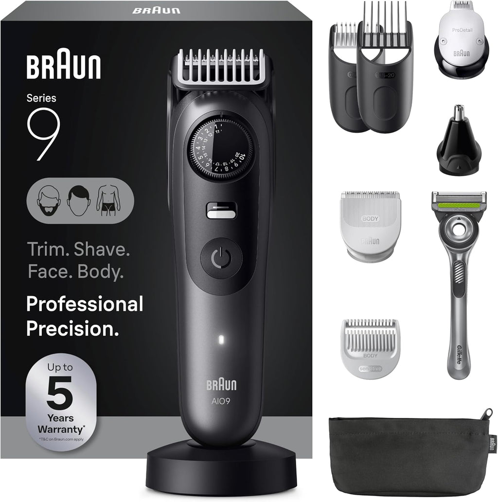 Braun Series 9 All-in-One Beard & Body Grooming Kit for Men, Cordless Trimmer, Hair Clippers & Shaver for Face, Hair & Body with Gillette Labs Razor, AIO 9535
