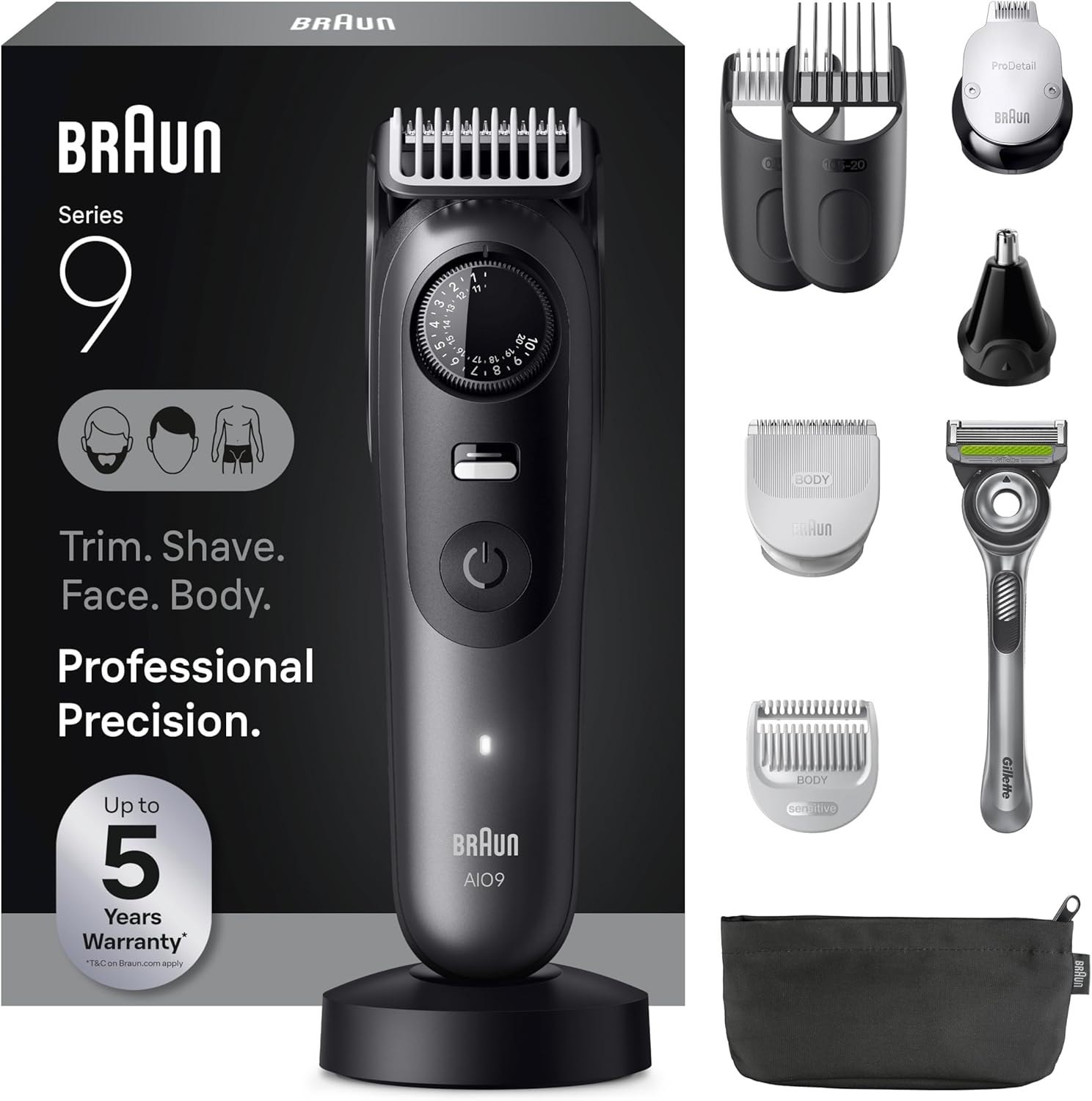 Braun Series 9 All-in-One Beard & Body Grooming Kit for Men, Cordless Trimmer, Hair Clippers & Shaver for Face, Hair & Body with Gillette Labs Razor, AIO 9535