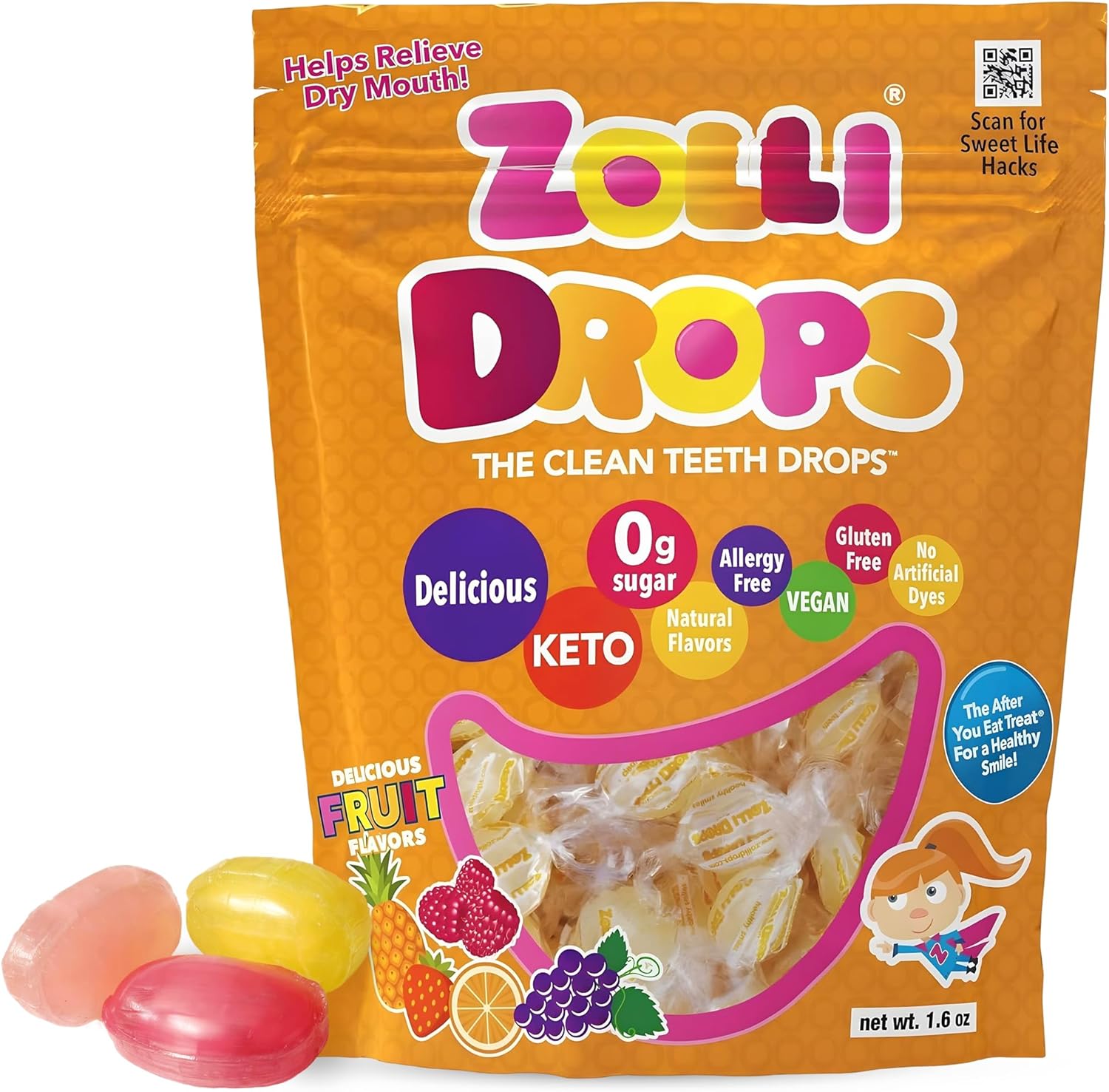 Zolli Drops Sugar Free Candy with Xylitol, Dye-Free Lollipops - Keto & Diabetic-Friendly, Dentist-Approved Treats for Kids, (Natural Fruit Flavors, 1.6 oz)