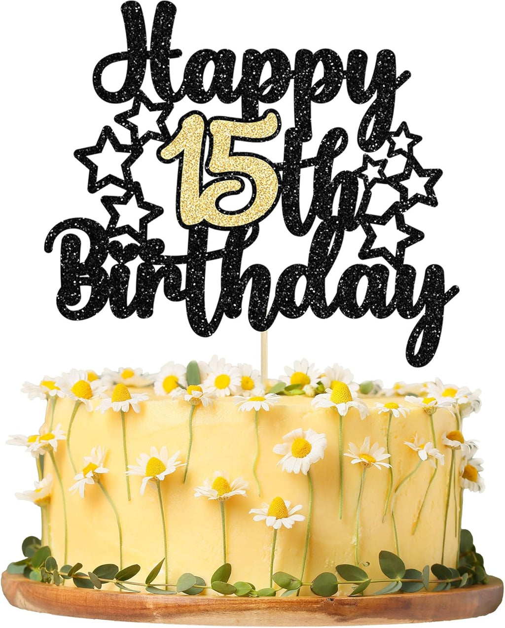 Gyufise 1Pc Happy 15th Birthday Cake Topper Black Gold Glitter Cheers to 15 Years Birthday Cake Pick 15 Fabulous Cake Decoration for Happy 15th Birthday Anniversary Party Supplies