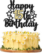 Gyufise 1Pc Happy 15th Birthday Cake Topper Black Gold Glitter Cheers to 15 Years Birthday Cake Pick 15 Fabulous Cake Decoration for Happy 15th Birthday Anniversary Party Supplies