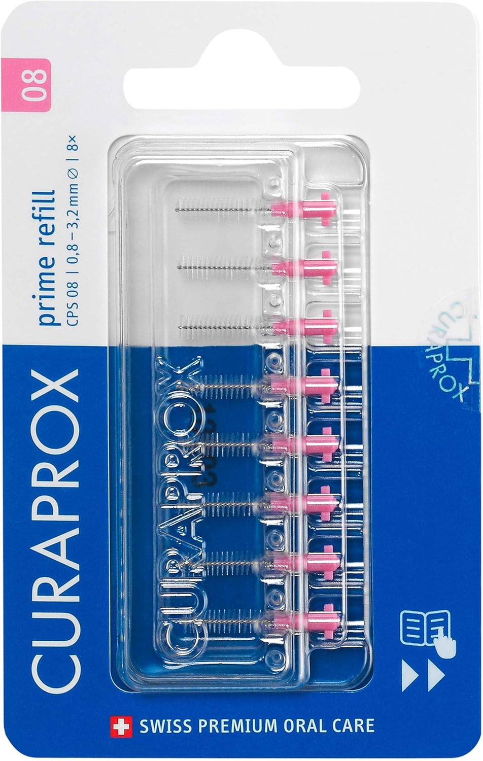 Curaprox Interdental Brush Refills CPS 08 Prime – ISO Size 1, Pink | Ultra-Fine Filaments for Precise Interdental Cleaning | 8-Pack | Swiss Made | English Packaging